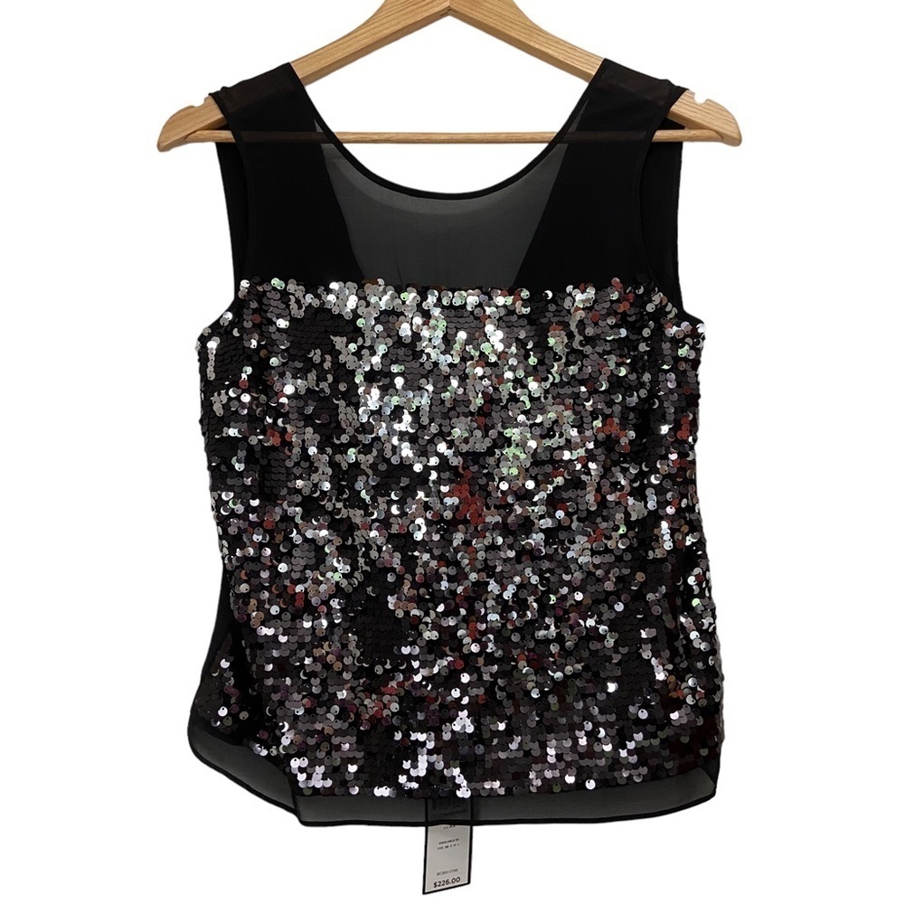 Bcbgmaxazria Jannie black silver sequins sleeveless chiffon crop tank top XS
